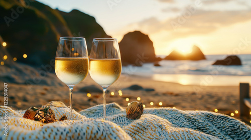 Cozy beach scene at sunset with two glasses of wine and blanket