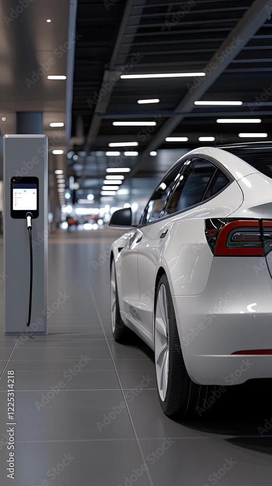 Fototapeta premium Electric vehicle charges in a spacious underground garage. The environment fosters green energy initiatives with numerous cars in view