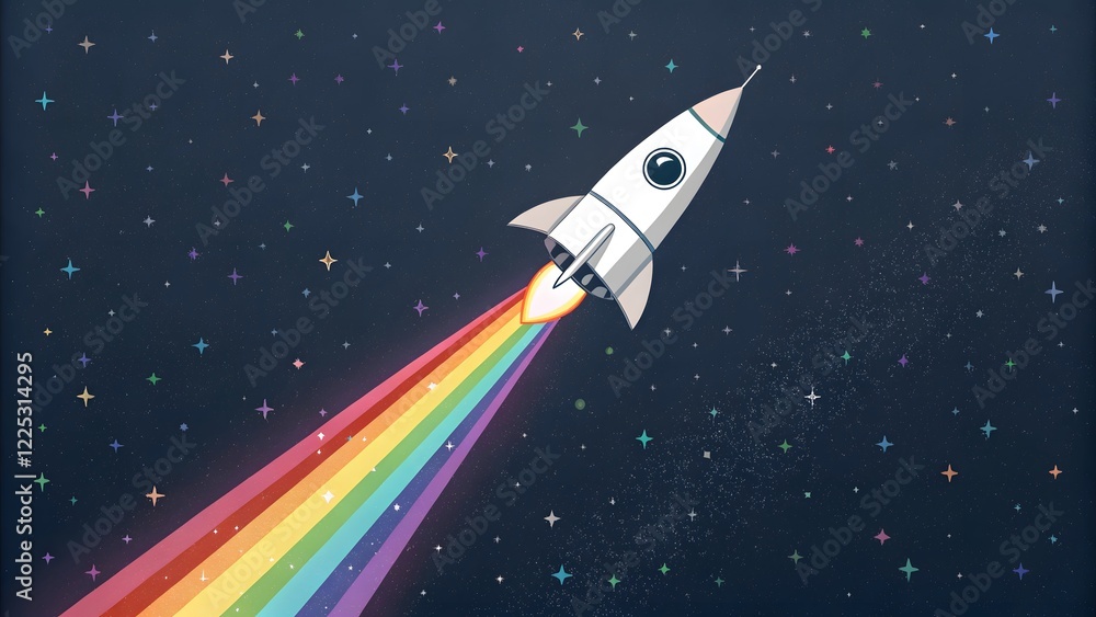 Colorful Rocket Flying Through Starry Space with Rainbow Trail Colorful Rocket Flying Through Starry Space with Rainbow Trail