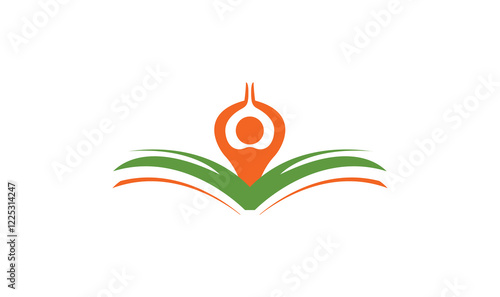Mindful Learning: A stylized logo design depicting a person in a yoga pose atop an open book, symbolizing the harmony of knowledge and inner peace.