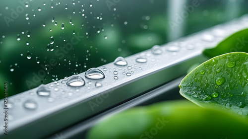 Close-up of water droplets on leaves, showcasing nature's beauty and refreshing aesthetic. photo