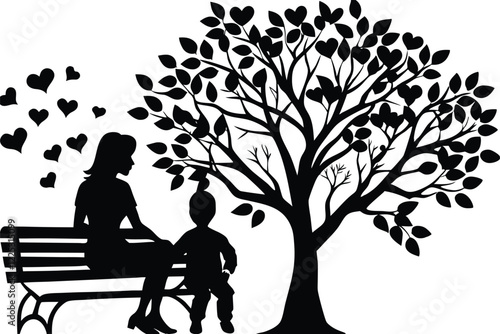 A black and white picture of a Mother and girl sitting on a bench