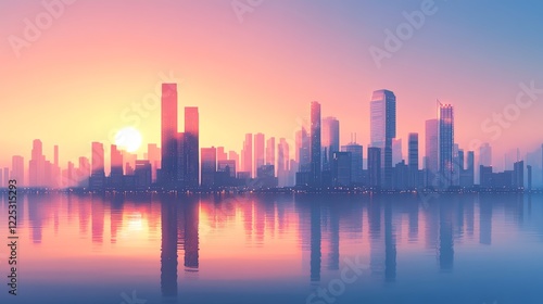 Stunning skyline at sunset with reflections.