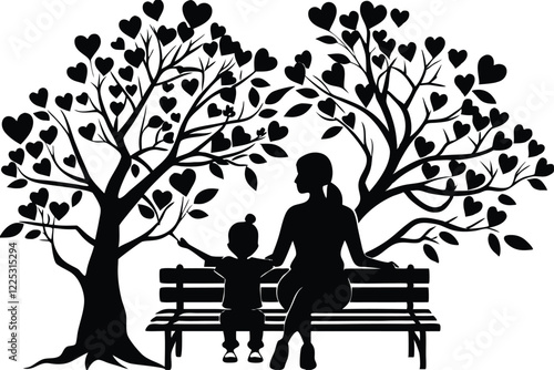 A black and white picture of a Mother and girl sitting on a bench