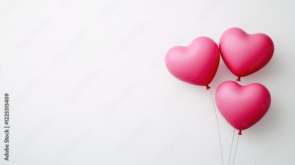 Three pink heart shaped balloons floating on a white background for celebrations and decorations Three pink heart shaped balloons floating on a white background for celebrations and decorations
