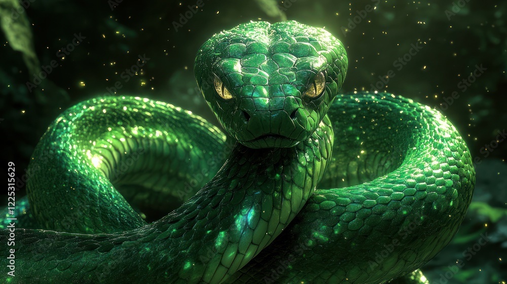 Fototapeta premium A Mesmerizing Emerald Green Snake, Coiled And Watchful, Glows With An Ethereal Luminescence In A Dark, Mystical Forest. Its Scales Shimmer, And Tiny Sparks Dance In The Air.