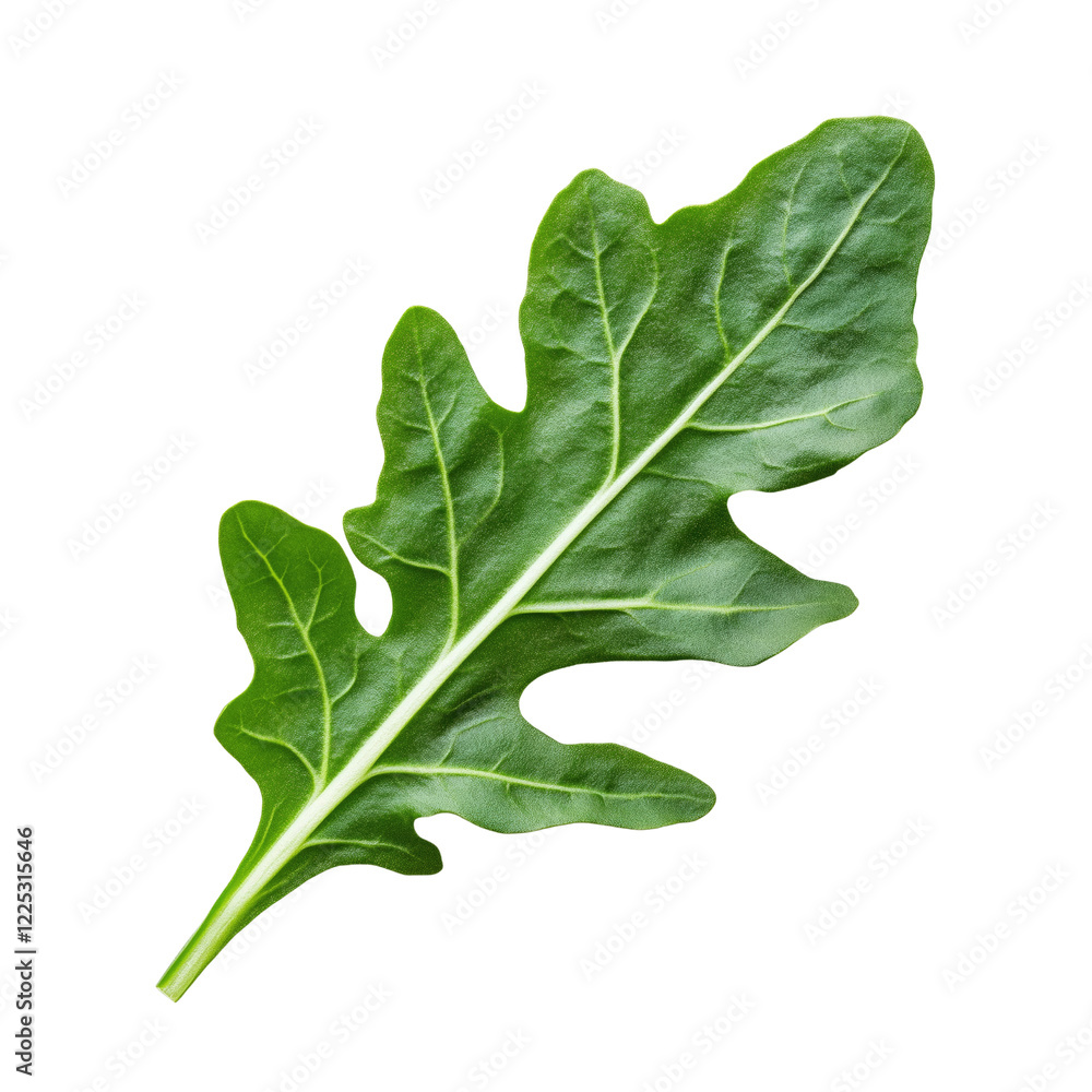 Close up of one fresh green arugula leaf isolated on white or transparent background Close up of one fresh green arugula leaf isolated on white or transparent background