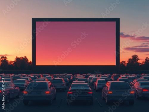A drive-in cinema with cars against a colorful sunset.