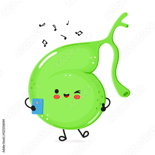 Gallbladder listens to music on headphones with a smartphone. Vector hand drawn cartoon kawaii character illustration icon. Isolated on white background. Gallbladder character concept