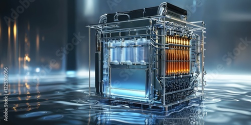 A 3D rendering of a hydrogen fuel cell in action.