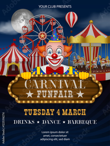 carnival funfire flyer with 3d circus, carousel and ferris wheel. circus show poster with amusement park, clown and wooden signboard	