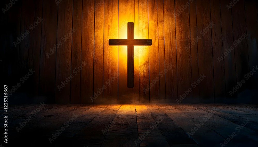 Naklejka premium Dramatic lighting illuminates a wooden cross against a rustic background, symbolizing faith and spirituality.