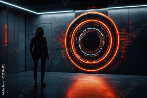 A futuristic depiction of a person standing in front of a glowing portal, their body silhouetted against the light and their posture suggesting hesitation as the portal hums with energy photo