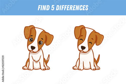 Find 5 differences between two pictures of cute cartoon dog isolated on white background. Jack russell dog in flat style. Funny animal. Activity page. Vector illustration.