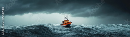 A rescue boat navigating through stormy sea waves and dark clouds.