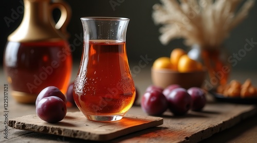 Traditional Romanian plum brandy served in a crystal-clear glass photo