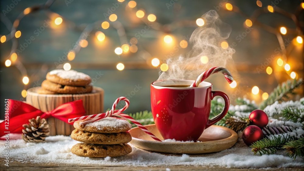 Fototapeta premium Warm Festive Beverage with Cookies and Candy Cane