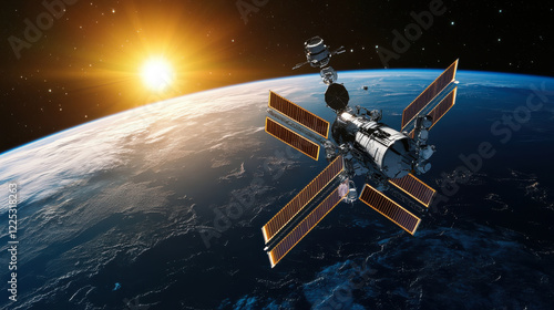 Fototapeta Naklejka Na Ścianę i Meble -  Futuristic space station orbiting Earth, illuminated by sunlight