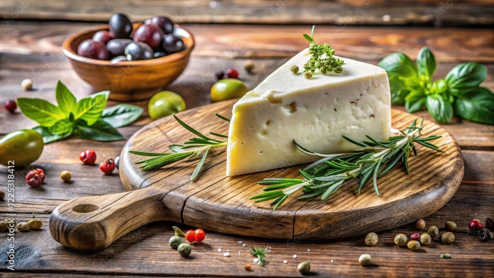 Aged white cheese wedge on a rustic wooden cutting board surrounded by fragrant herbs and olives in a Mediterranean-inspired setting, feta cheese, cheese platter Aged white cheese wedge on a rustic wooden cutting board surrounded by fragrant herbs and olives in a Mediterranean-inspired setting, feta cheese, cheese platter