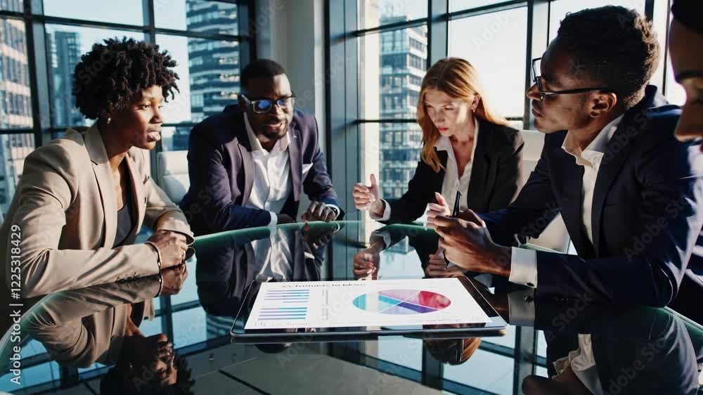 Professionals engage in discussion during a business meeting in a modern office overlooking the city skyline