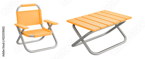 3d folding table and chair for camping yellow color for picnic or rest. Stock vector illustration on isolated background.