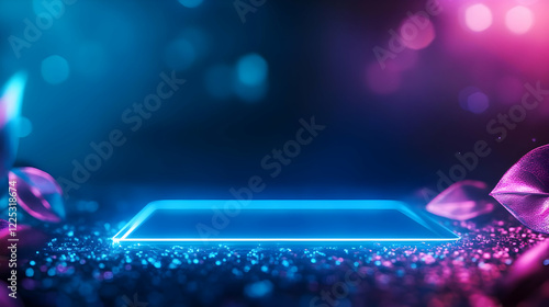 Futuristic neon frame on glowing background with colorful lights and reflections, perfect for digital displays. photo