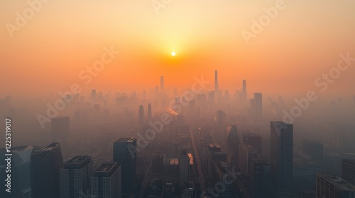 A sprawling metropolis enveloped in thick smog with the sun rising in the background, highlighting urban pollution and environmental issues