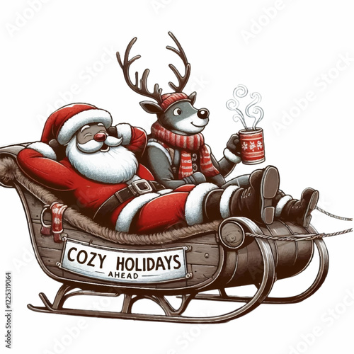 santa claus with reindeer sitting in a sleigh  christmas  funny vector illustration