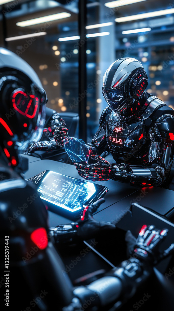 Futuristic robots in a corporate meeting, discussing plans, humorous concept Futuristic robots in a corporate meeting, discussing plans, humorous concept