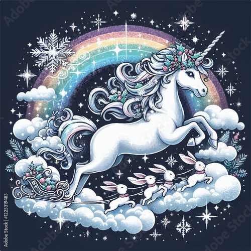 white unicorn with a sleigh in the clouds and a rainbow christmas   vector illustration