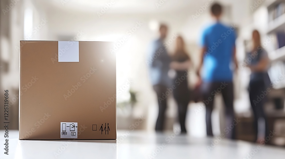 Fototapeta premium Cardboard Box in Modern Home with Blurred People in Background