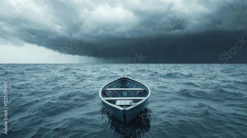 Lone wooden boat floating in the vast ocean under a looming storm, symbolizing solitude, survival, and the power of nature