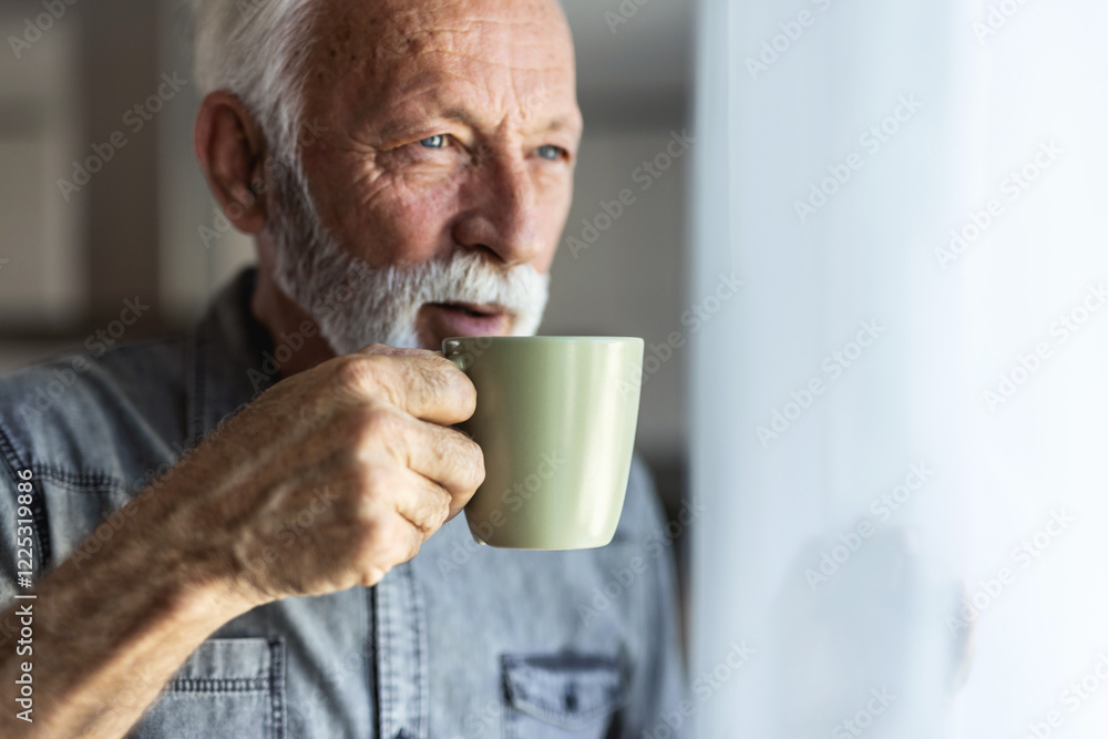 Coffee, thinking or face of an old man by window in retirement with ideas or memory in living room. Lonely, remember or elderly person looking or wondering about future in home alone drinking tea. Coffee, thinking or face of an old man by window in retirement with ideas or memory in living room. Lonely, remember or elderly person looking or wondering about future in home alone drinking tea.