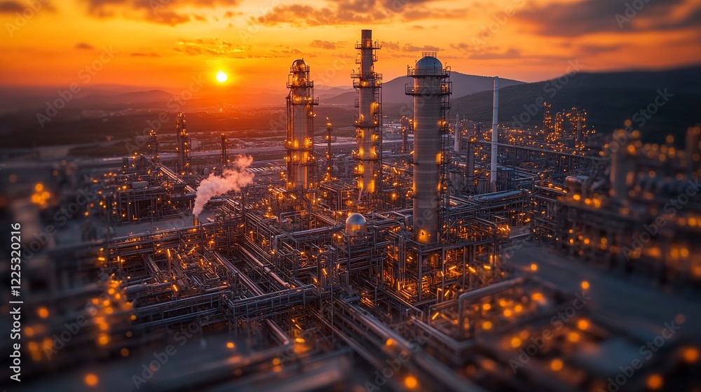 Fototapeta premium Sunset over Petrochemical Refinery Complex