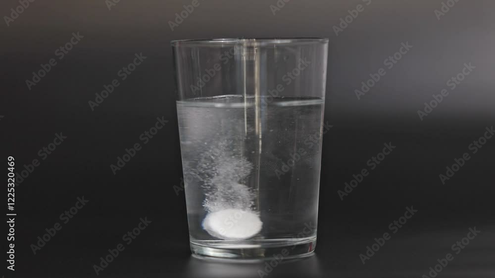 Effervescent tablet dissolves with bubbles in pure water isolated black background Effervescent tablet dissolves with bubbles in pure water isolated black background