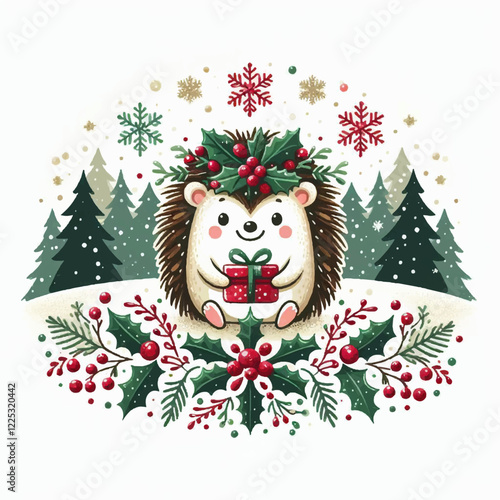 cute hedgehog holding a red gift in his hands  funny christmas vector illustration
