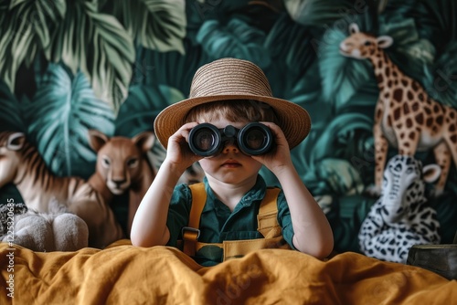 Fototapeta Naklejka Na Ścianę i Meble -  Child explorer in jungle-themed room with binoculars and toys