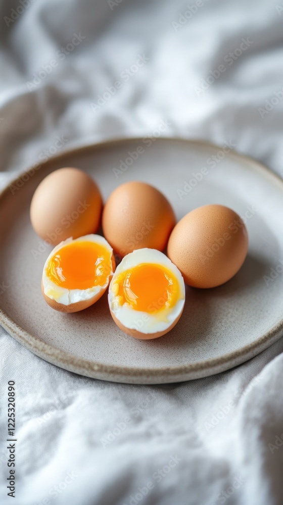 Soft-boiled eggs on a plate, ready to eat. Soft-boiled eggs on a plate, ready to eat.