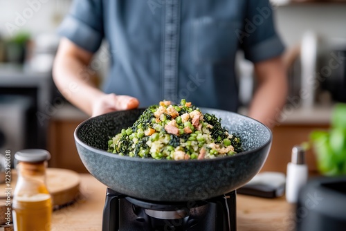 A food influencer focused on branding, marketing, and promotions. Fresh vegetables being cooked in a modern kitchen setting.