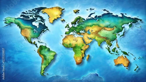 A colorful illustration of a world map with distinct geographical features