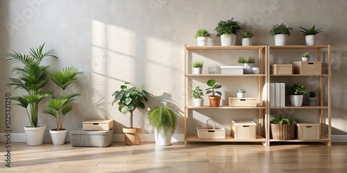 Sunlit Interior Featuring Wooden Shelving Unit Displaying an Array of Potted Plants and Storage Boxes