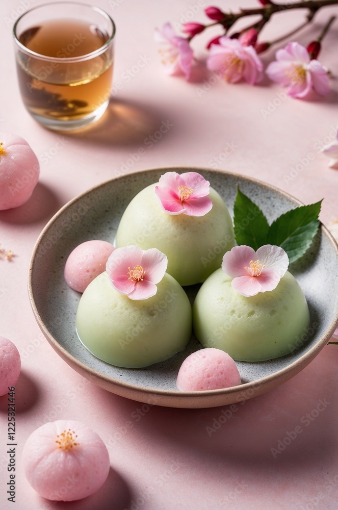 Sakura Mochi with Floral Decoration on Elegant Plate Sakura Mochi with Floral Decoration on Elegant Plate