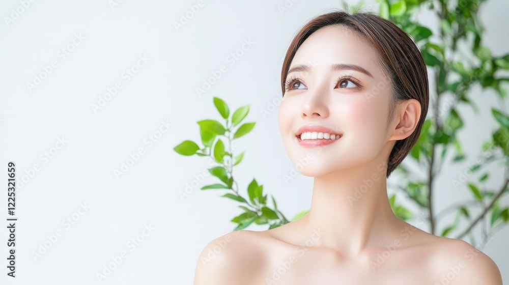 Woman, skincare, beauty, natural, healthy, smile, studio, plants, background, advertising Woman, skincare, beauty, natural, healthy, smile, studio, plants, background, advertising