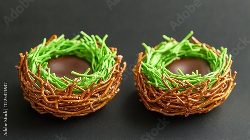 Chocolate cups with cream frosting, decorated with pretzels, on a gray background. Sweet treat concept. Baking Chocolate Nests. Making adorable desserts with pretzels and chocolate photo