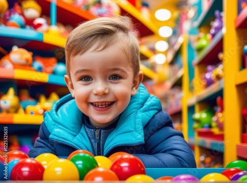 Happy child playing with colorful balls in vibrant toy store filled with various toys during daytime
