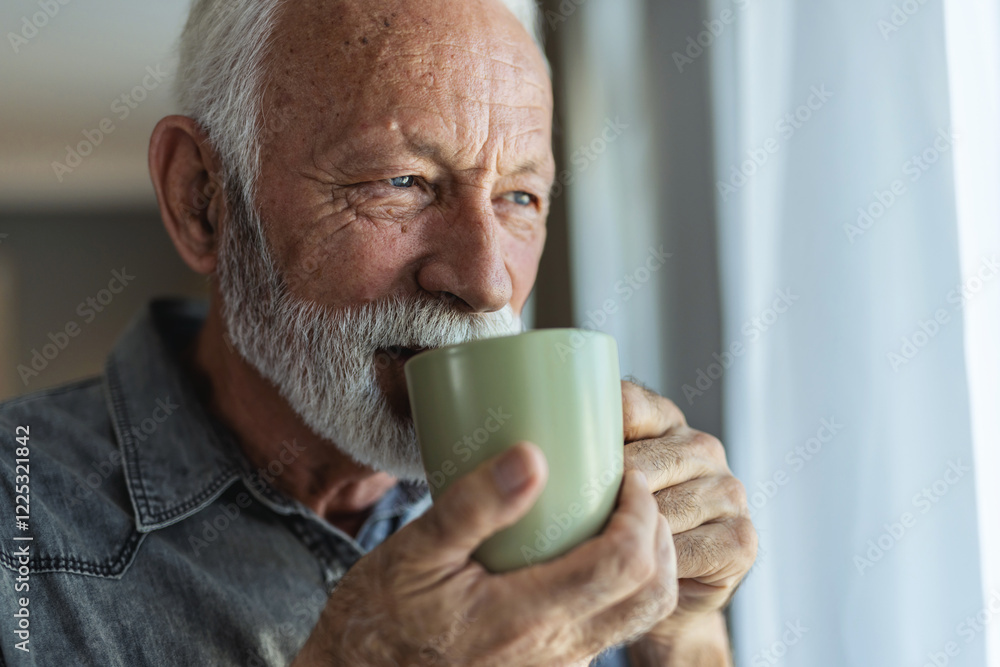 A joyful elderly man with a beard stands by a window, holding a green cup in his hand, exuding warmth and happiness in a beautifully lit, modern living space. A joyful elderly man with a beard stands by a window, holding a green cup in his hand, exuding warmth and happiness in a beautifully lit, modern living space.