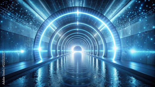 Futuristic Neon Tunnel with Reflective Water Surface and Glowing Lights