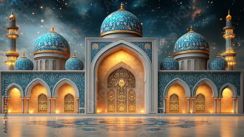 Wallpaper Mural Beautiful Mosque with Blue Domes and Golden Glow in Islamic Architecture at Night for Ramadan Kareem and Eid Mubarak Traditional Celebration Torontodigital.ca