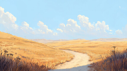 Papier peint photo Le salon Serene landscape with a winding dirt path through golden fields under a clear blue sky  © Adi