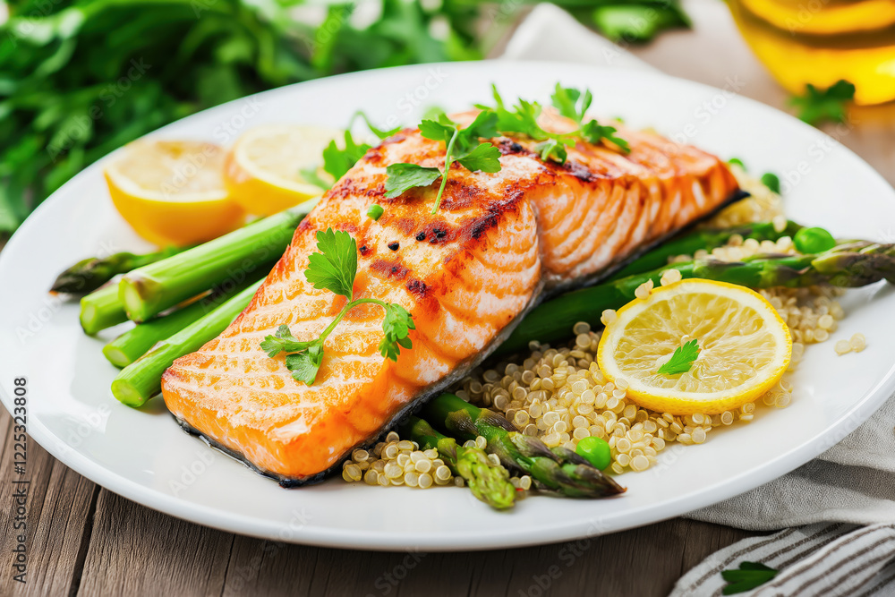 Grilled salmon fillet served with asparagus, quinoa, and lemon slices on a white plate, garnished with fresh parsley Grilled salmon fillet served with asparagus, quinoa, and lemon slices on a white plate, garnished with fresh parsley